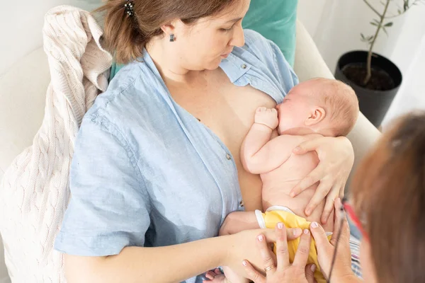 Mom Holds Her Newborn Baby Her Arms Mom Rests Chair — Stock Photo, Image