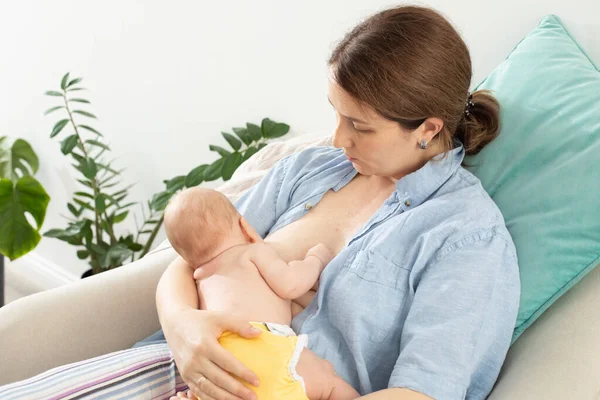 Mom Holds Her Newborn Baby Her Arms Mom Rests Chair — Stock Photo, Image