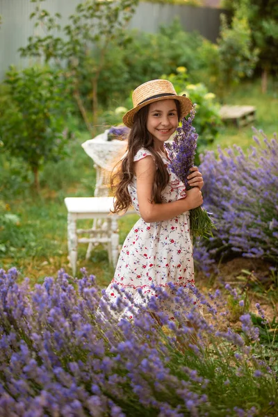 정원의 라벤더 근처에 아름다운 소녀는 마당을 모으고 있습니다 모자쓰고 드레스입은 — 스톡 사진