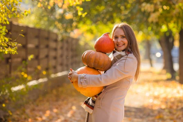 Portrait Happy Smile Woman Pumpkins Hand Cozy Autumn Vibes Halloween — Stock Fotó