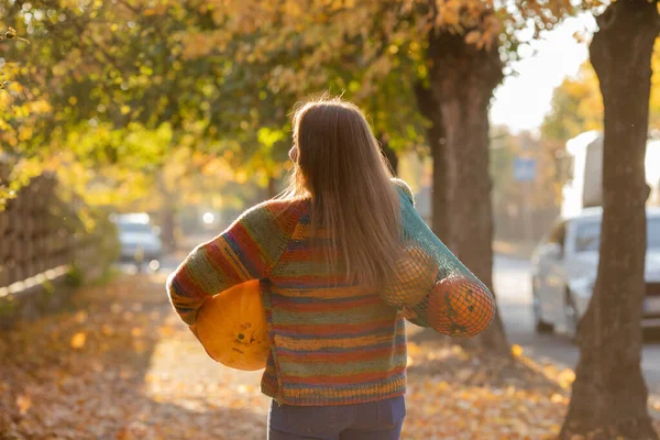 Portrait Happy Smile Woman Pumpkins Hand Cozy Autumn Vibes Halloween — Stock fotografie