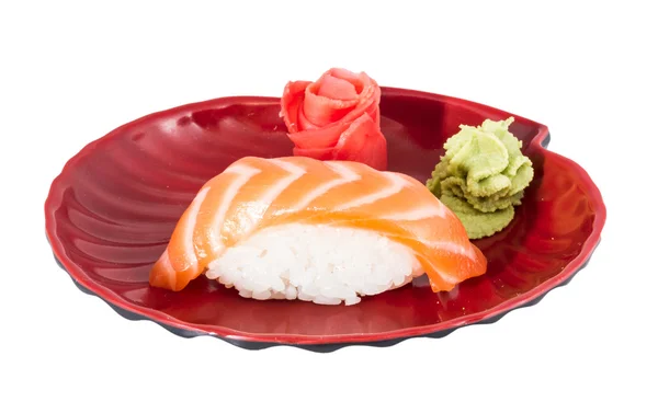 Studioaufnahme japanischer Sushi vaki mit Lachs auf weißem Backgro — Stockfoto