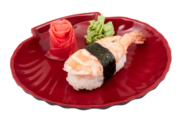 Garnélarák sushi closeup elszigetelt fehér háttér — Stock Fotó