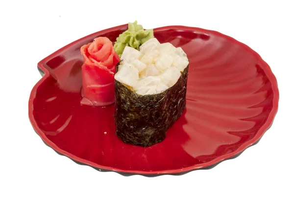 Spice sushi hotate with sauced slices of scallop isolated on whi — Stock Photo, Image
