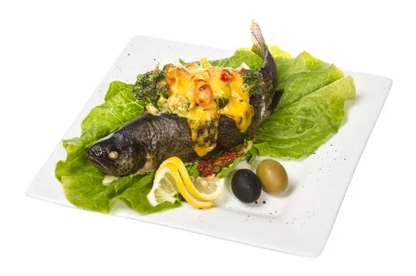 鳟鱼鱼烤虾与花椰菜 — 图库照片