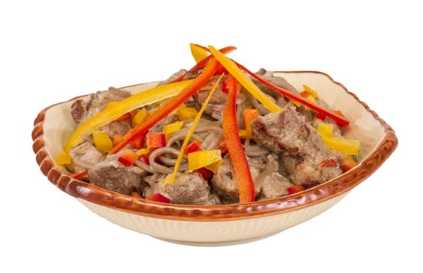 Macarrão estilo asiático com carne de porco, picante e delicioso delicioso — Fotografia de Stock