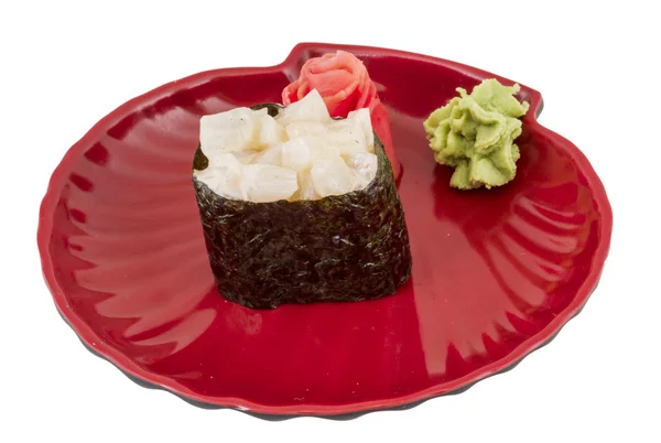 Fűszer sushi hotate elszigetelt whi fésűkagyló sauced szelet — Stock Fotó