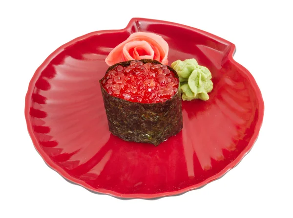 Macro-opname van zalm ei op sushi nikiri roll — Stockfoto