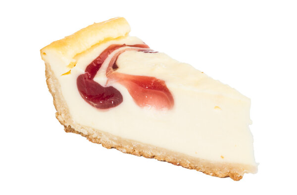 Closeup of a slice of cherry cheesecake on a white background