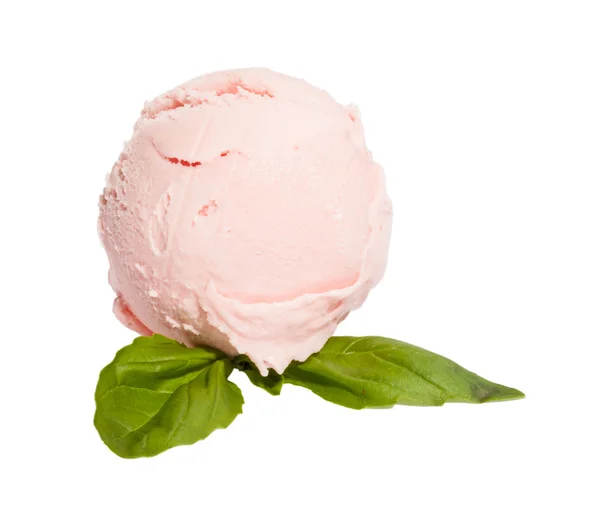 Scoop of strawberry ice cream from top on white background with — Stock Photo, Image