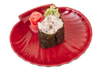 baharat soslu dilim füme yılan balığı, tavuk ve havyar ile Sushi