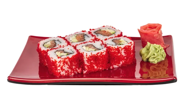 Tobiko pittig maki sushi - hete rollen met verschillende type tobiko — Stockfoto