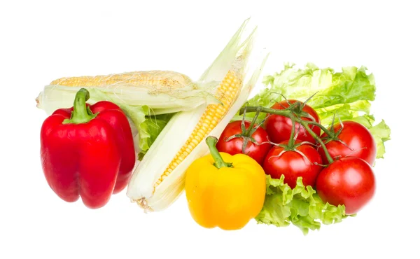 Papryka, sałatka, dojrzałe kukurydzy i pomidorów — Zdjęcie stockowe