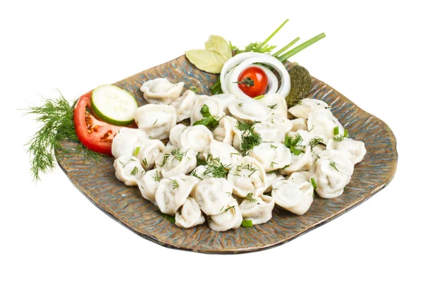 Bowl with traditional russian dish - pelmeni — Stock Photo, Image