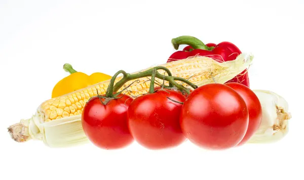 Pepper, ripe yellow corn and tomato — Stock Photo, Image