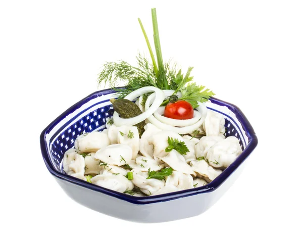 Bowl with traditional russian dish - pelmeni — Stock Photo, Image