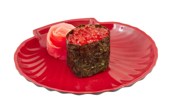 Macro shot de ovo de salmão no rolo de sushi nikiri — Fotografia de Stock