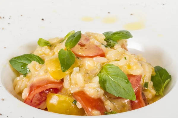 Photo of delicious risotto dish with herbs and tomato on white b — Stock Photo, Image