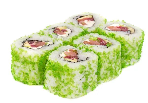 Tobiko baharatlı maki sushi - sıcak rulo tobiko çeşitli tip ( — Stok fotoğraf