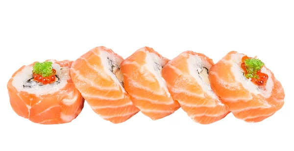 Sushi japonês comida japonesa tradicional.Rolo feito de salmão, re — Fotografia de Stock