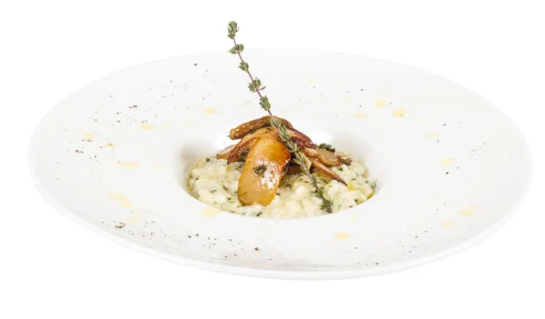 Photo of delicious risotto dish with herbs and mushrooms on whit — Stock Photo, Image