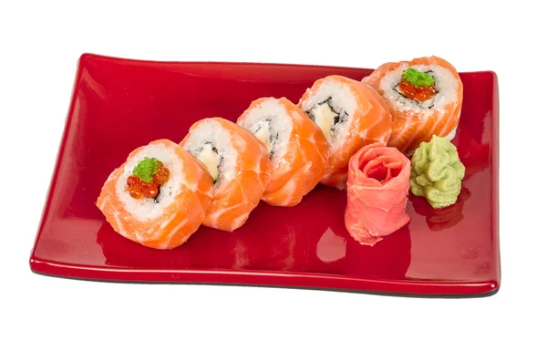 Sushi japonés tradicional comida japonesa.Rollo de salmón, re —  Fotos de Stock