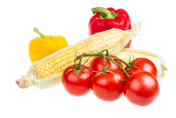 Pepper, ripe yellow corn and tomato — Stock Photo, Image