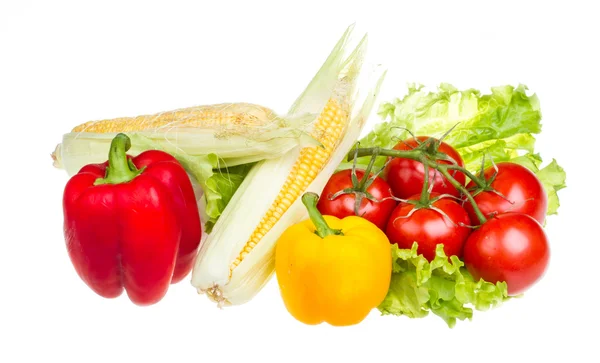 Pepper, salad, ripe yellow corn and tomato — Stock Photo, Image