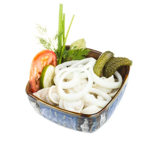 Cuenco con plato tradicional ruso - pelmeni — Foto de Stock