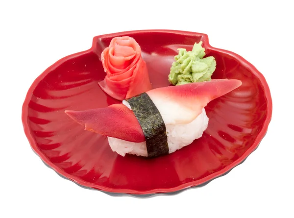 Hokkigai Mollusc Sushi auf weißem Hintergrund — Stockfoto