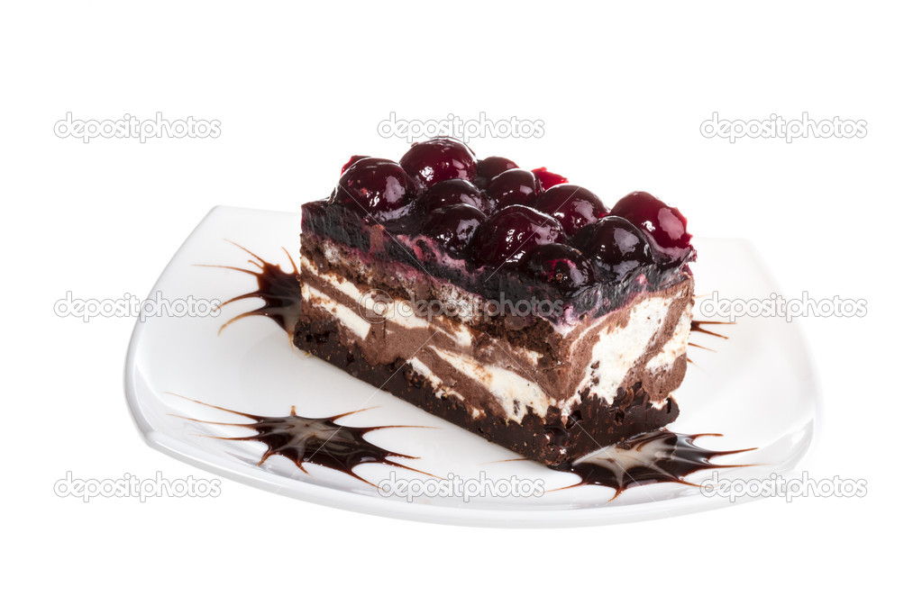 Chocolate cake with cherry on top on a white background