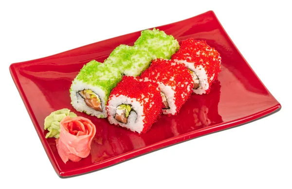 Tobiko baharatlı maki sushi - sıcak rulo tobiko çeşitli tip ( — Stok fotoğraf