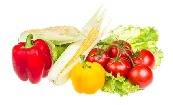 Pepper, salad, ripe yellow corn and tomato — Stock Photo, Image