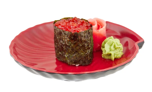Macro shot of Salmon egg on sushi nikiri roll — Stock Photo, Image