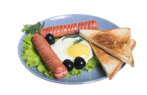 Frukost med korv, toast, ägg — Stockfoto