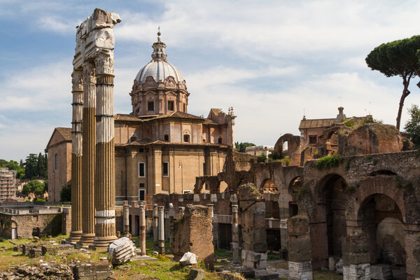 Building ruins and ancient columns in Rome, Italy