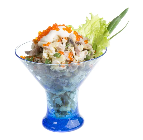 Salad with shrimp, avocado, tomatoes, red caviar — Stock Photo, Image