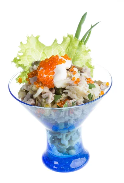 Salát s krevetami, avokádo, rajčata, červený kaviár — Stock fotografie
