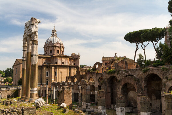 Building ruins and ancient columns in Rome, Italy