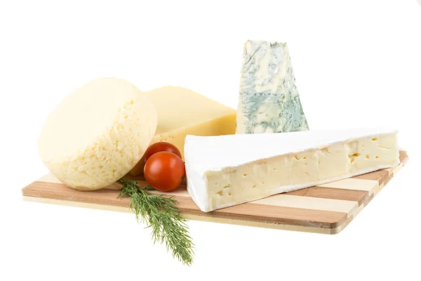 Variety of cheese: ementaler, gouda, Danish blue soft cheese and — Stock Photo, Image