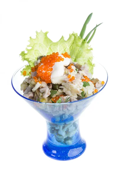 Salad with shrimp, avocado, tomatoes, red caviar — Stock Photo, Image