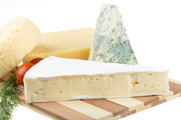 Variety of cheese: ementaler, gouda, Danish blue soft cheese and