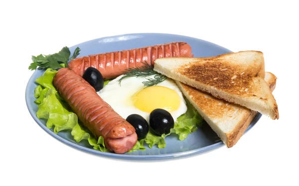 Frukost med korv, toast, ägg — Stockfoto