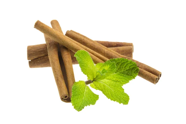 Cinnamon and fresh mint leaves — Stock Photo, Image