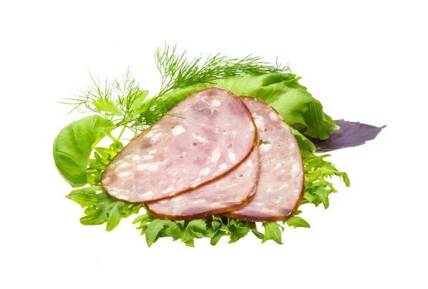 Salsicce con insalata e basilico — Foto Stock