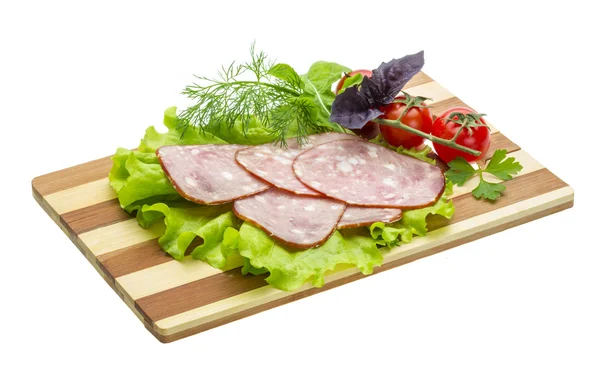 Sausages with salad and basil — Stock Photo, Image