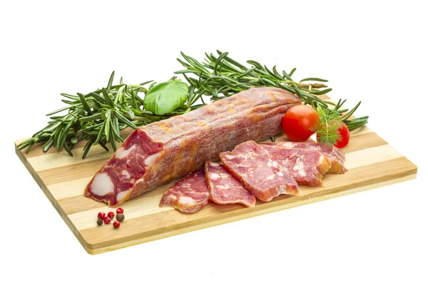 Salami with rosemary, basil and tomato — Stock Photo, Image