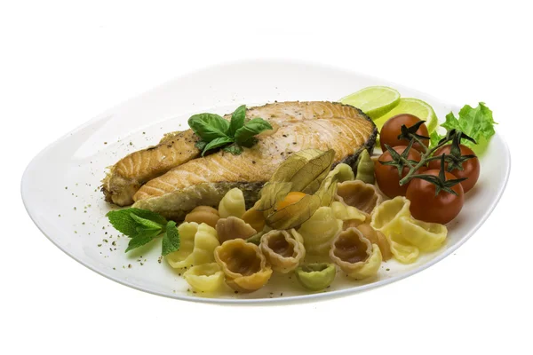 Grilled salmon with pasta — Stock Photo, Image