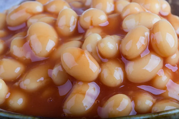 Haricot mariné en sauce tomate avec échalotes sur une assiette — Photo