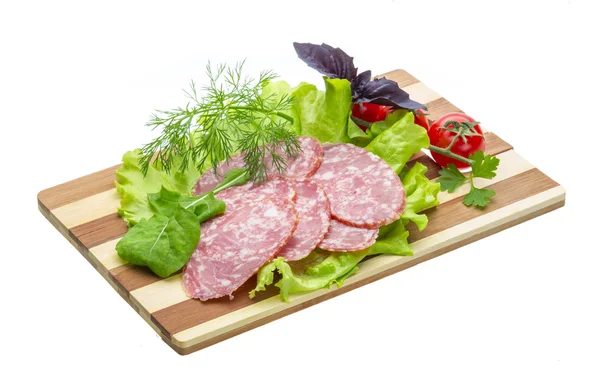 Sausages with salad and basil — Stock Photo, Image